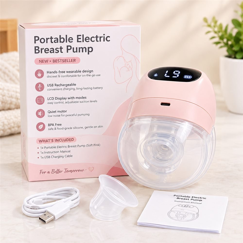 Portable Electric Breast Pump – Hands-Free Wearable, USB Rechargeable (Soft Pink)